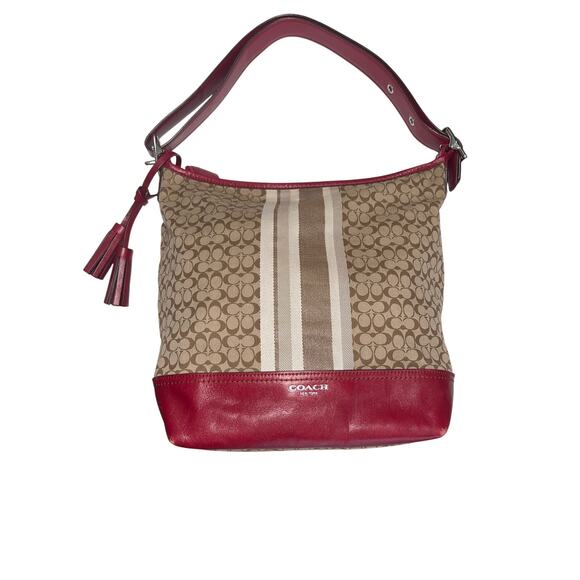 Coach Legacy Signature Striped Tan/Red Duffle AUTHENTIC Crossbody & Shoulder Bag - Picture 1 of 13